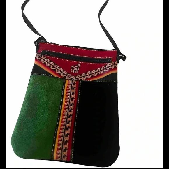 Cusco Traveler Llama Themed Multicolored Leather Sling Crossbody from Peru - Picture 1 of 7